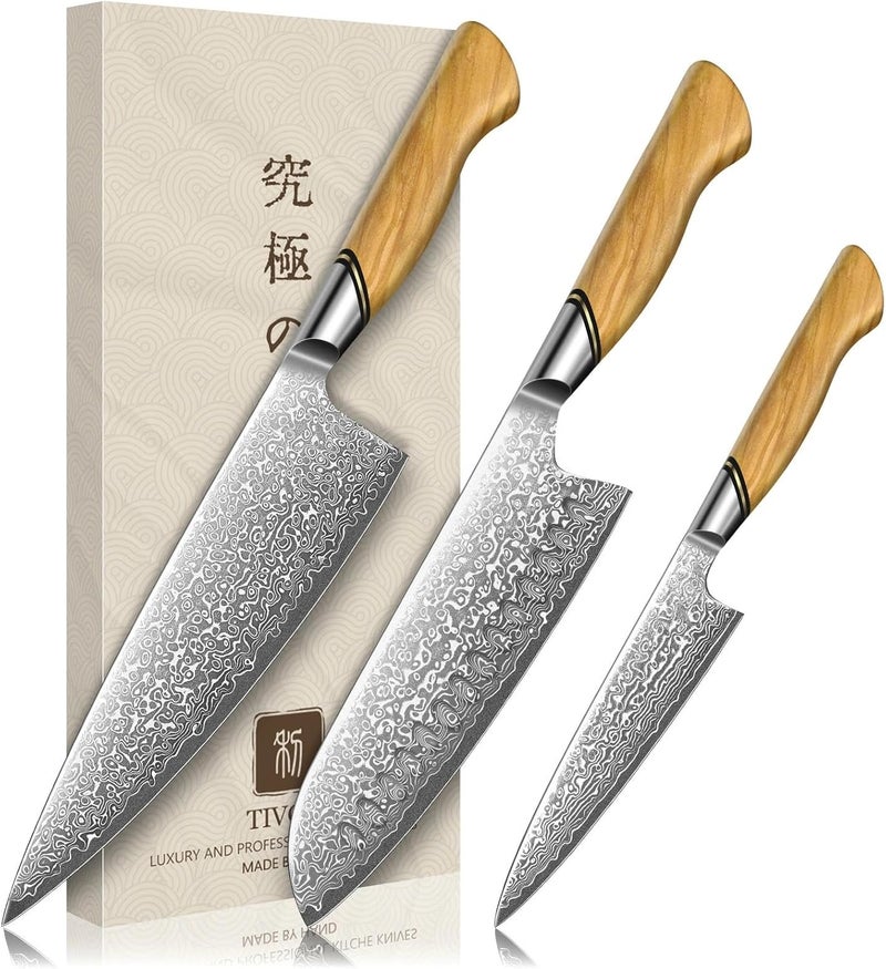 Tivoli Damascus Kitchen Knife Set,3 PCS Japanese Chef Knife Set,VG-10 Damascus Santoku Paring Knife with Olive Wood Handle,Ideal Gift - Image 1